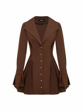 Collar V-neck Bell Sleeve Metal Button Ruffle Mini Dress