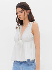 Cotton-blend V-neck Lace Trim Ruffle Hem Knotted Tank Top