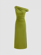 Asymmetrical Neck Ruched Split Maxi Dress