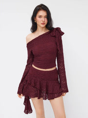 Lace Asymmetrical Neck Ruched Bell Sleeve Top & Layered Ruffle Hem Mini Skirt Set