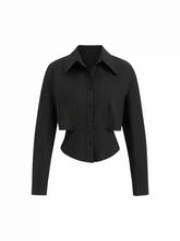 Collar Long Sleeve Button Shirred Cinched Waist Shirt