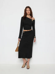 Asymmetrical Metal Detail Off-shoulder Top & Mid Rise A-line Midi Skirt Set