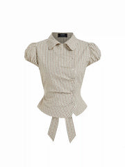 Cotton-blend Plaid Puff Sleeve Ruched Blouse