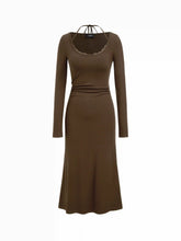 Halter Neckline Long Sleeve Lace Trim Ruched Midi Mermaid Dress