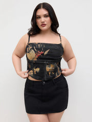 Mesh Graphic Ruched Corset Crop Cami Top Curve & Plus