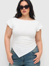 Cotton-blend Boat Neck Ruffle Sleeve Ruched Asymmetrical Hem Tee Curve & Plus