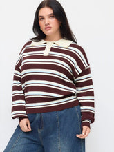 Knit Polo Stripd Lantern Sleeve Top Curve & Plus