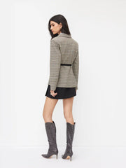 Houndstooth Notched Collar Tie Side Bowknot Asymmetrical Hem Blazer