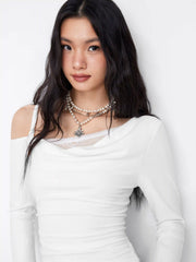 Asymmetrical Neck Long Sleeve Lace Ruched Top