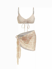 Sweetheart Neck Geometric Print Bracelet Top & Tie Side Bikini Bottom With Sarong 3 Piece Bikini Set