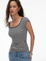 Striped Square Neck Cut Out Backless Short Sleeve Tee