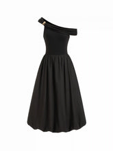 Cotton-blend Asymmetrical Neck Metal Button Bubble Hem Maxi Dress