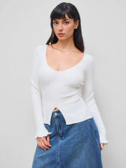 Knit U-neckline Lettuce Trim Split Top