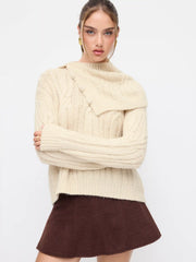Cable Knit Wool-blend Round Neckline Long Sleeve Oversized Top With Shawl
