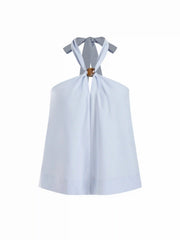 Linen-blend Beaded Halter Neckline Knotted Oversized Top