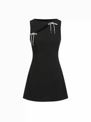 Boat Neck Cut Out Rhinestone Bowknot A-line Mini Dress