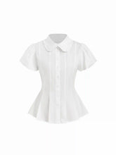 Cotton-blend Puff Sleeve Peter Pan Collar Peplum Blouse