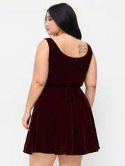 Velvet V-neck Ruffle Tie Back Knotted Mini Dress Curve & Plus