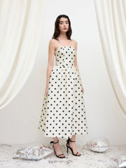 Sculptural Bandeau Polka Dot Shirred Maxi Dress