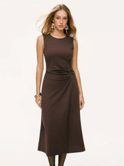Round Neckline Belted Zip Through Ruched Midi Dress