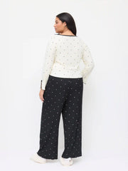 Round Neckline Polka Dot Bowknot Top & Mid Rise Lettuce Trim Straight Leg Trousers Loungewear Set Curve & Plus