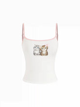 Cotton-blend Cat Graphic Scoop Neck Contrasting Binding Bowknot Cami Top