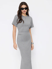 Round Neckline Batwing Sleeve Ruched Mermaid Maxi Dress