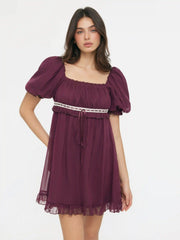 Chiffon Square Neck Ruffled Puff Sleeve Oversized Babydoll Mini Dress