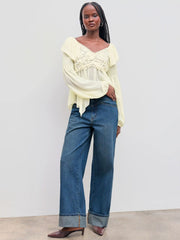 Cider Denim Mid Rise Solid Roll Hem Straight Leg Jeans
