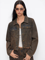 Denim Collar Washed Long Sleeve Jacket