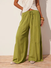 Linen-blend Mid Rise Drawstring Tiered Draped Wide Leg Trousers