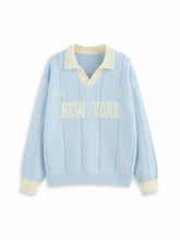 New York Knit Colorblock Polo Neck Long Sleeve Oversized Top