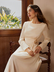 Satin Boat Neck Metal Detail Ruched Knotted Ruffle Midi Dress