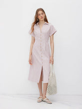 Cotton-blend V-neck Stripe Button Through Elastic Waist Shirt Midi Dress