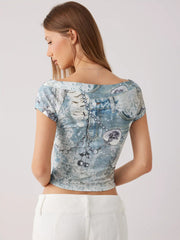 Boat Neck Lace Graphic Short Sleeve Cropped Top