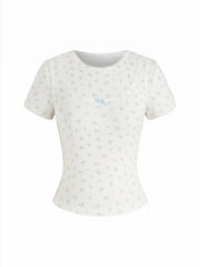 Cotton-blend Textured Ditsy Flora Bowknot Short Sleeve Top