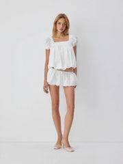 Cotton-blend Square Neck Puff Sleeve Ruched Bubble Hem Blouse