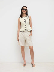 Linen-blend Boat Neck Contrasting Binding Vest