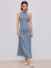Knit Halter Neckline Solid Ruffle Hem Midi Dress
