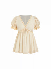 Chiffon V-neck Puff Sleeve Lace Panel Tie Front Peplum Blouse