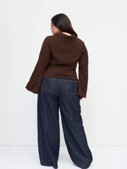 Collar Split Lettuce Trim Long Sleeve Top Curve & Plus
