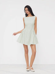Boat Neck Stripe Backless Knotted Pocket Ruffle Mini Dress