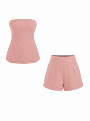 Cotton-blend Gingham Knotted Strapless Top & Mid Rise Pleated Shorts Set