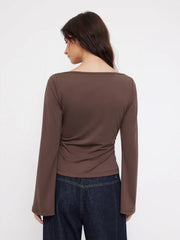 Cowl Neck Ruched O-ring Bell Sleeve Top
