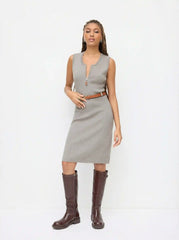 Knit U-neckline Half Zip Midi Dress With Belt