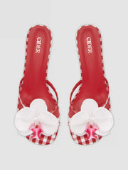 FLOWER & GINGHAM KITTEN HEEL FAUX LEATHER SANDALS