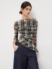 Mesh Boat Neck Rose Plaid Ruffle Hem Top