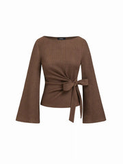 Boat Neck Textured Side Knotted Ruched Long Sleeve Top