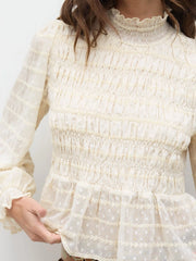 High Neck Shirred Lettuce Trim Long Sleeve Blouse