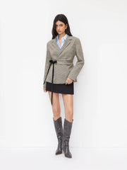 Houndstooth Notched Collar Tie Side Bowknot Asymmetrical Hem Blazer